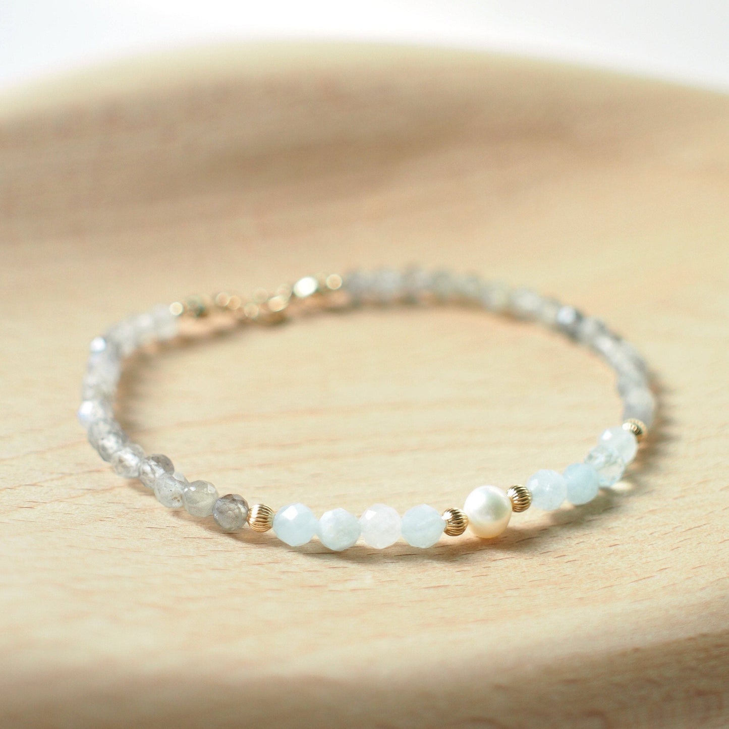Aquamarine x Labradorite Bracelet // Pearl Charm // Dainty // 14K Gold-filled