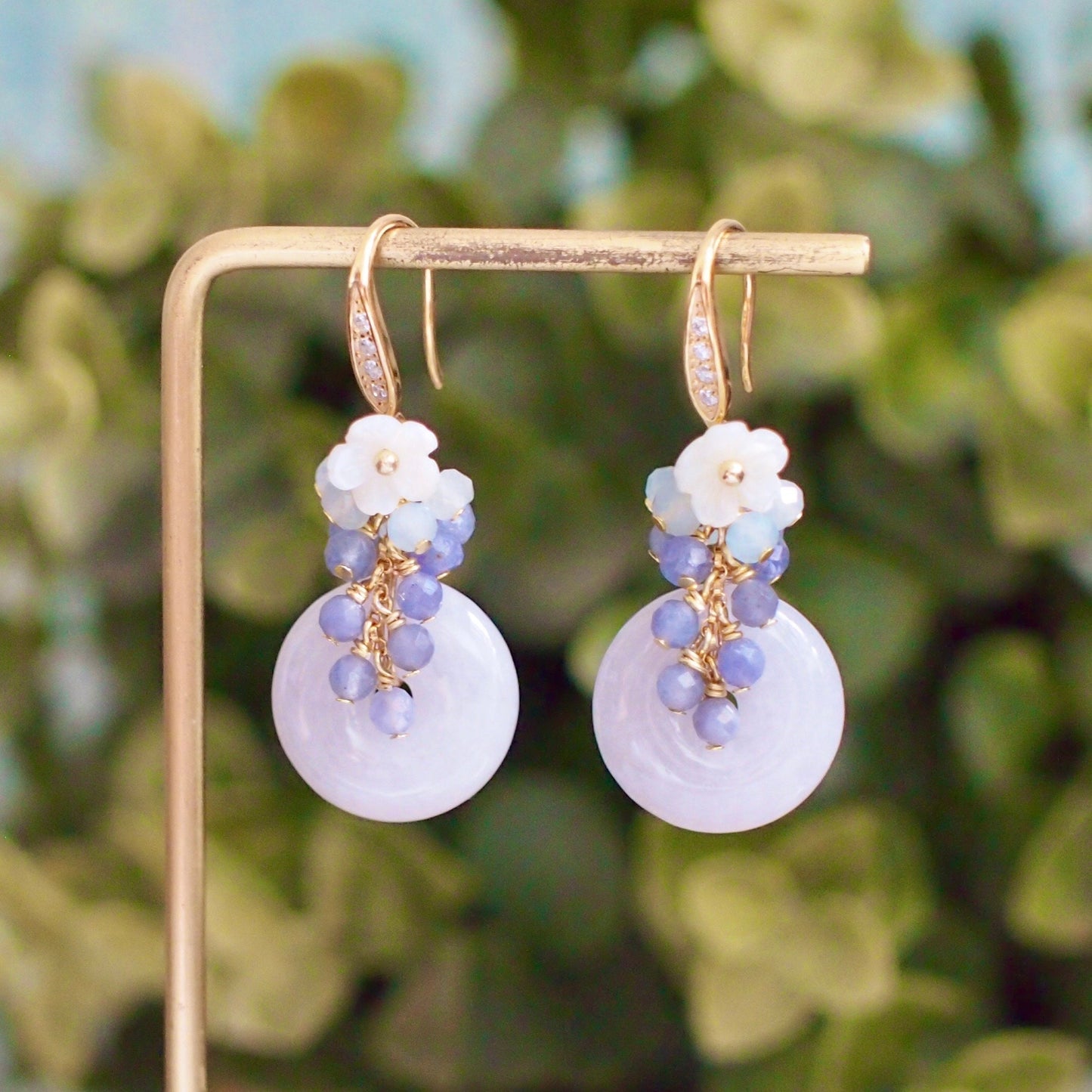 Type A Burmese Jade Donut Earrings // Gem Cluster // Mother of Pearl Flower // 14K Gold-filled // Dreamy & Romantic