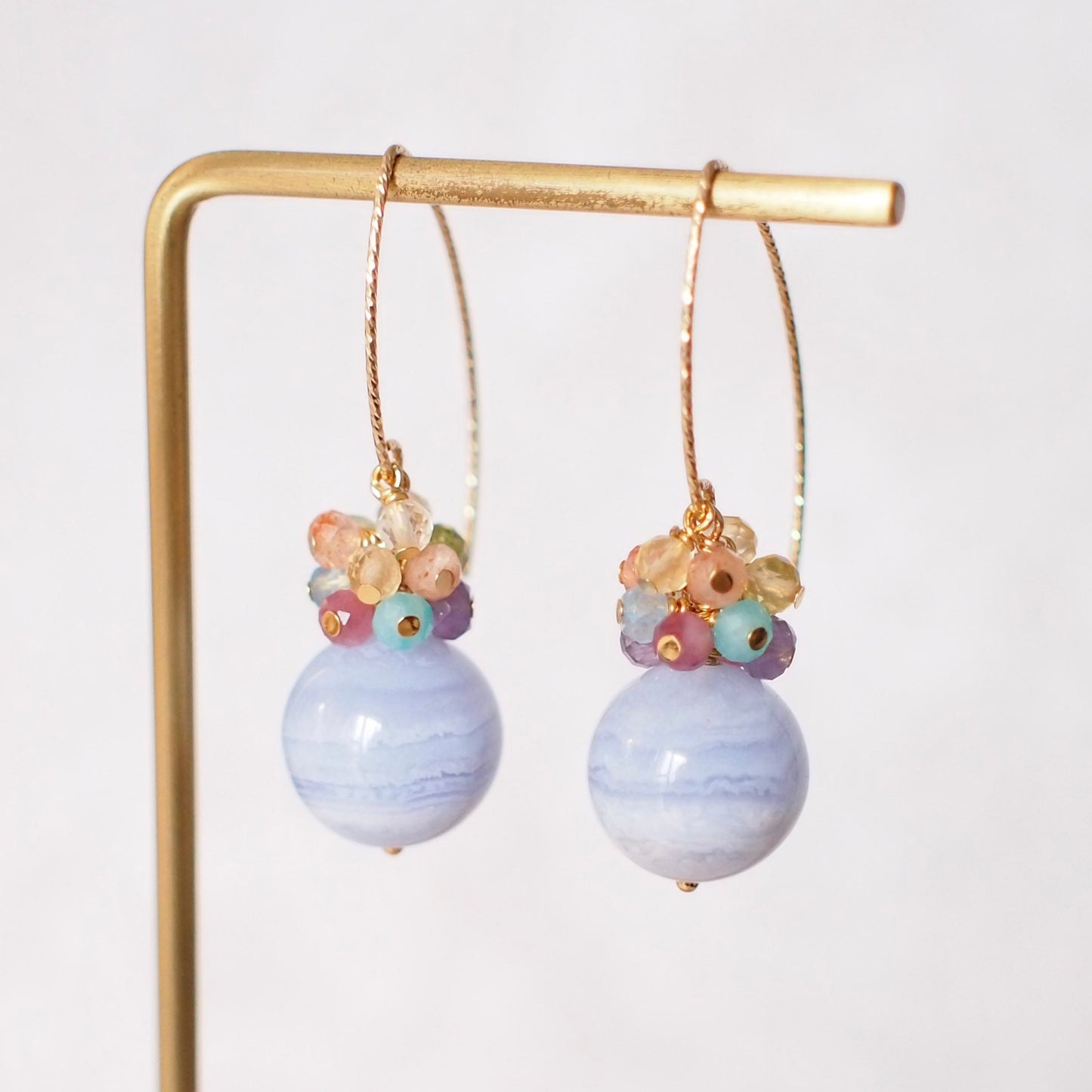 Blue Lace Agate Earrings // Rainbow Gems Cluster// Statement Earrings // 14K Gold-filled // One of kind