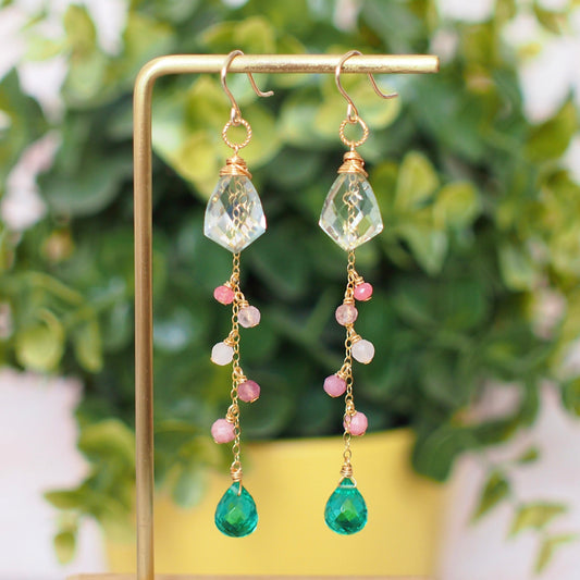 Green Amethyst x Green Quartz Earrings // Dangling Style // 14K Gold-filled // Wire-wrapped // Assorted Gems // Refreshing & Feminine