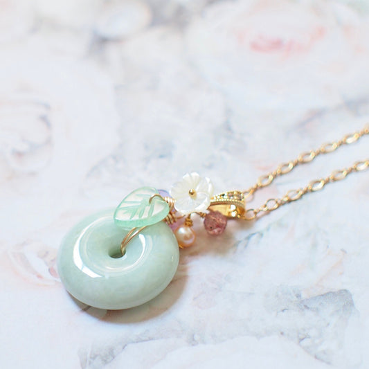 Type A Burmese Jade Donut Pendant // Long Statement Necklace // Lovely & Gorgeous // 14K Gold-filled