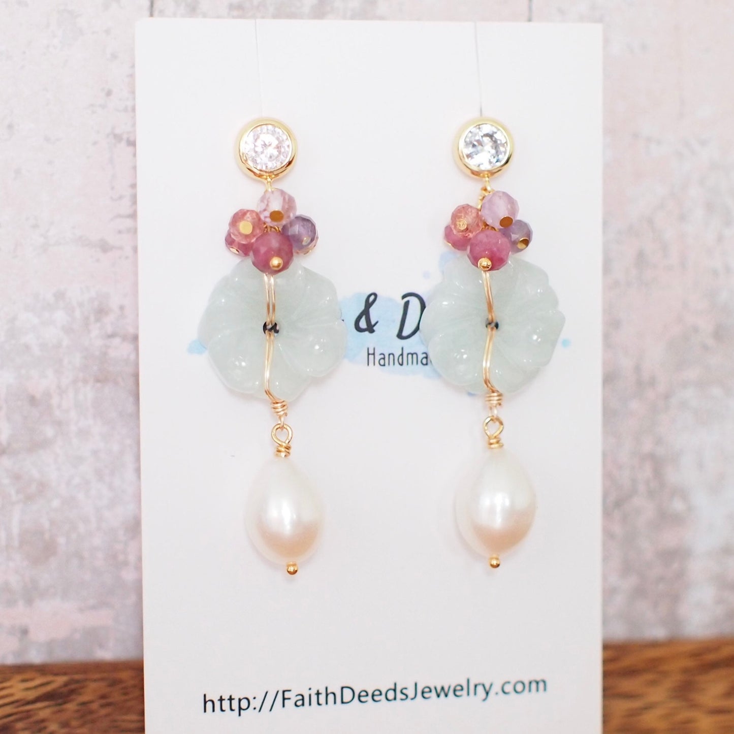 Type A Burmese Carved Jade Flower Earrings // Fresh Water Pearls // 14K Gold-filled // Sweet & Graceful