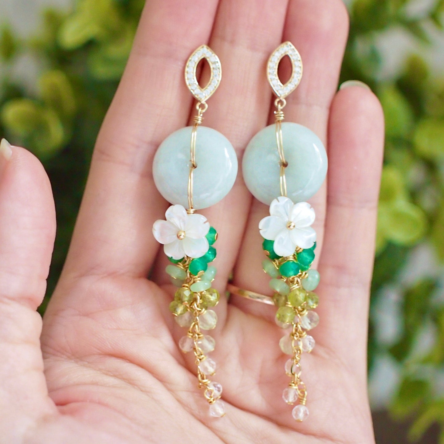 Type A Burmese Jade Donut Earrings // Green Ombre // 14K Gold-filled // Long Dangling Style