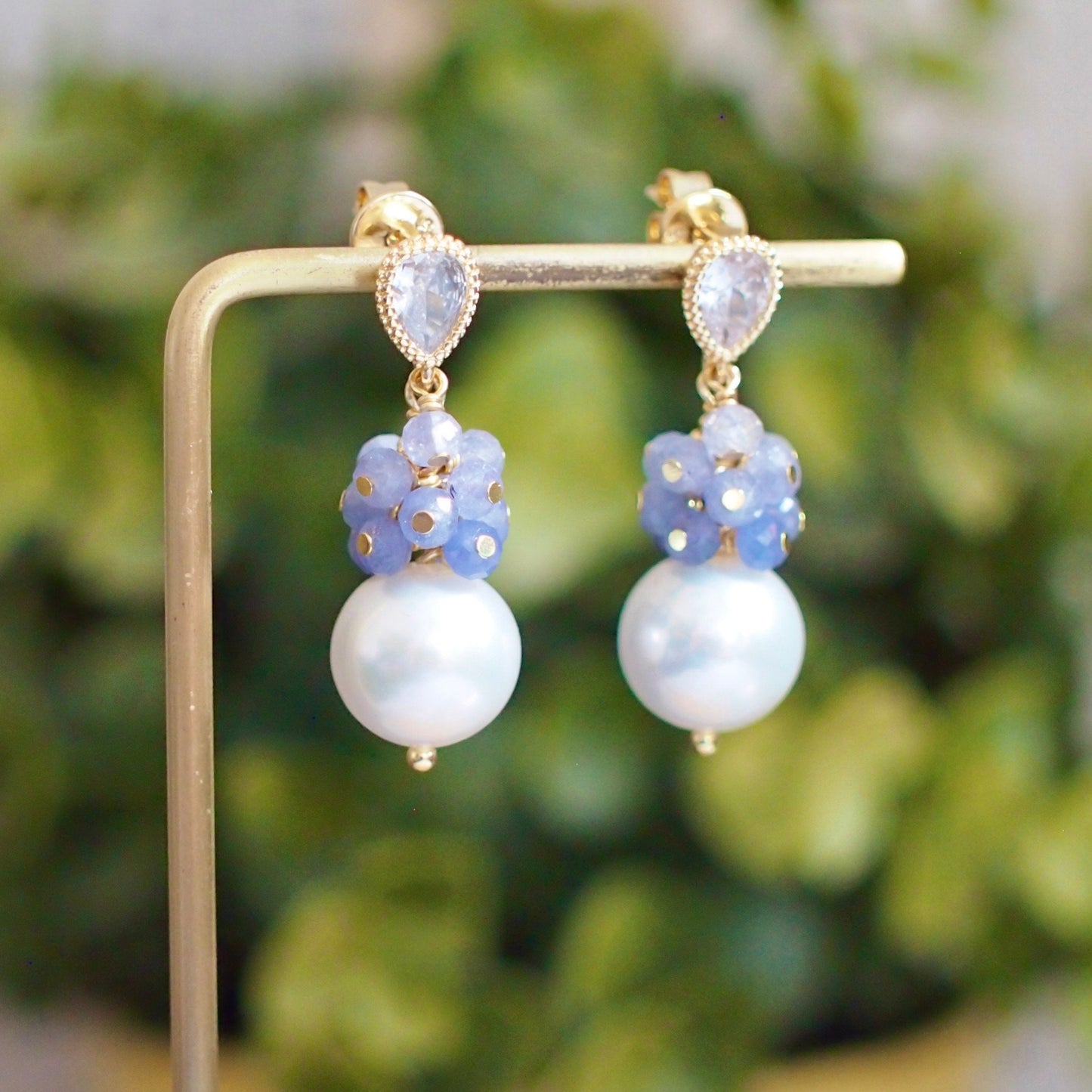 Fresh Water Pearl Earrings // Gem Cluster // Tanzanite // 14K Gold-filled