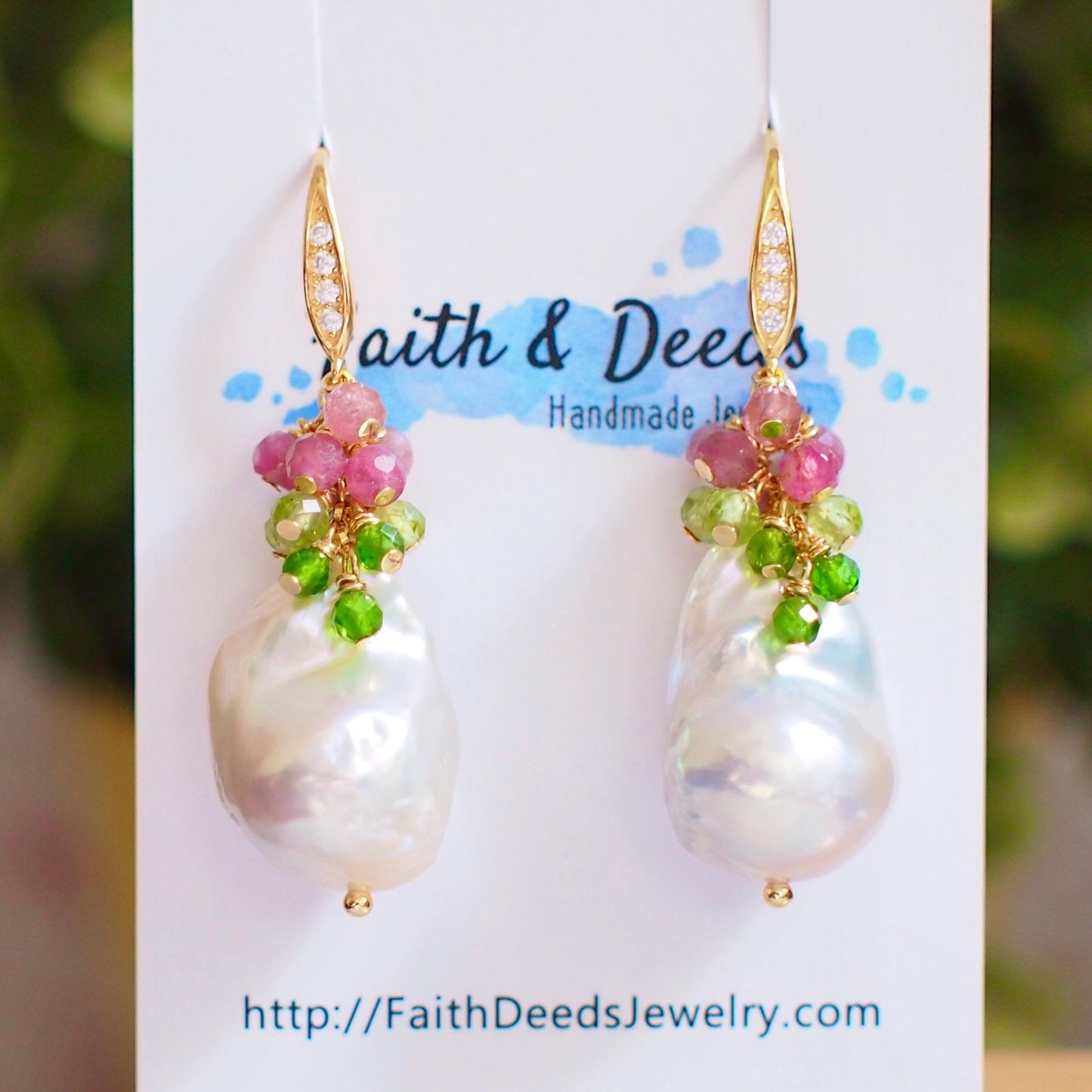 Baroque Pearl Earrings // Statement Earrings // Gems Cluster // Pink Tourmaline x Apatite x Peridot // 14K Gold-filled