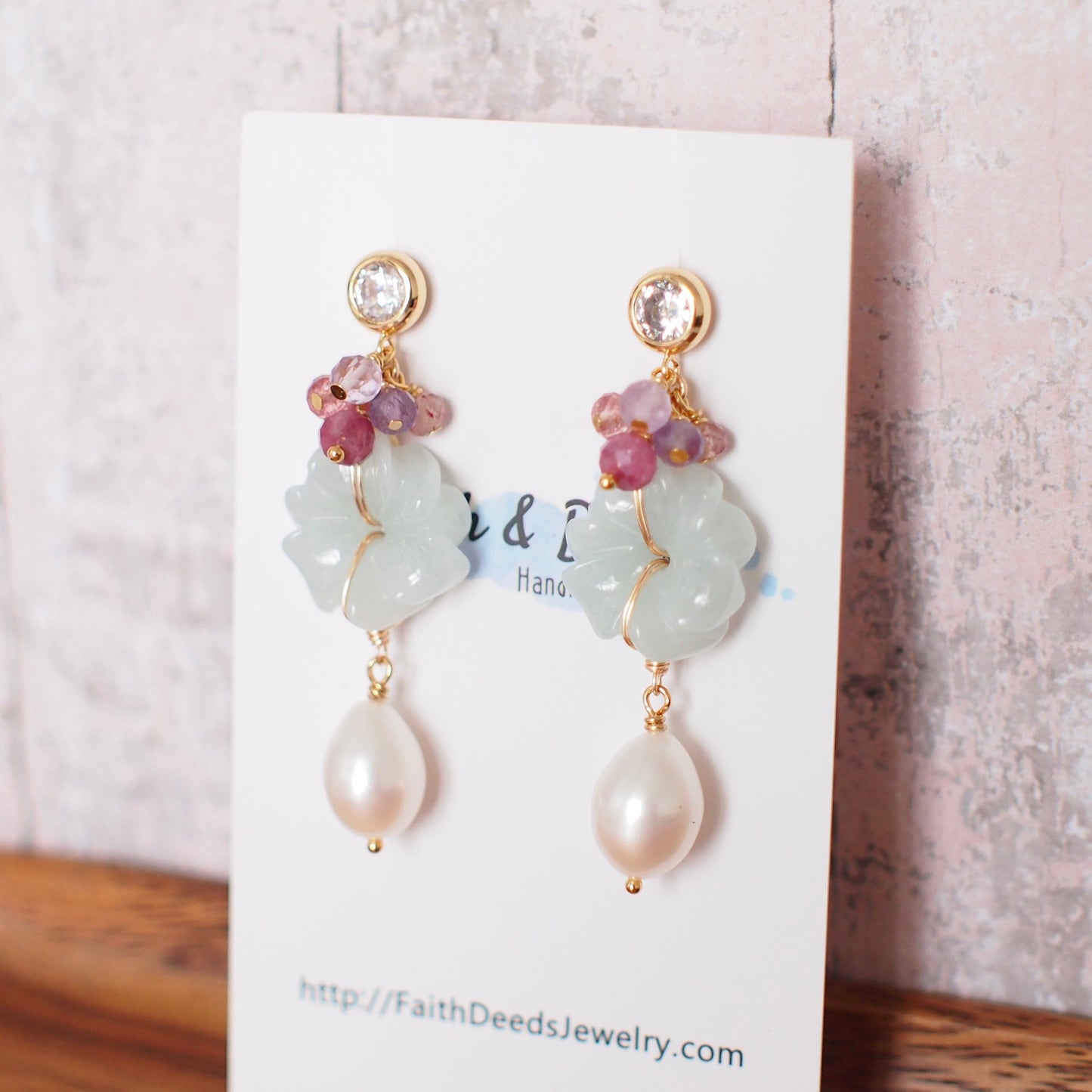 Type A Burmese Carved Jade Flower Earrings // Fresh Water Pearls // 14K Gold-filled // Sweet & Graceful