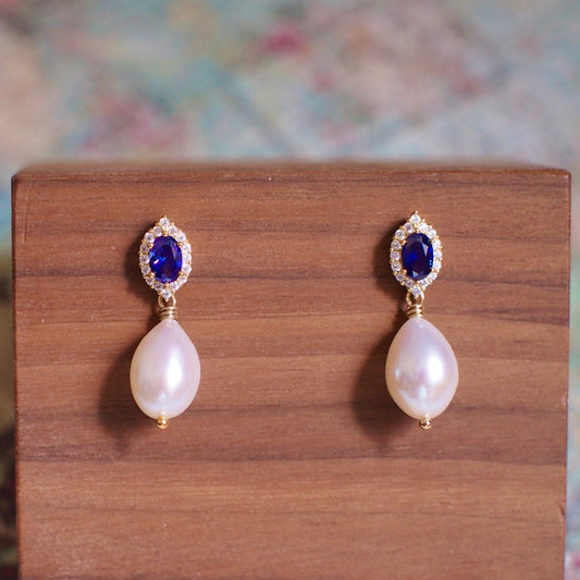 Blue Spinel x Pearl Earrings // Halo Setting // Cubic Zirconia // 14K White Gold Plated Over Silver