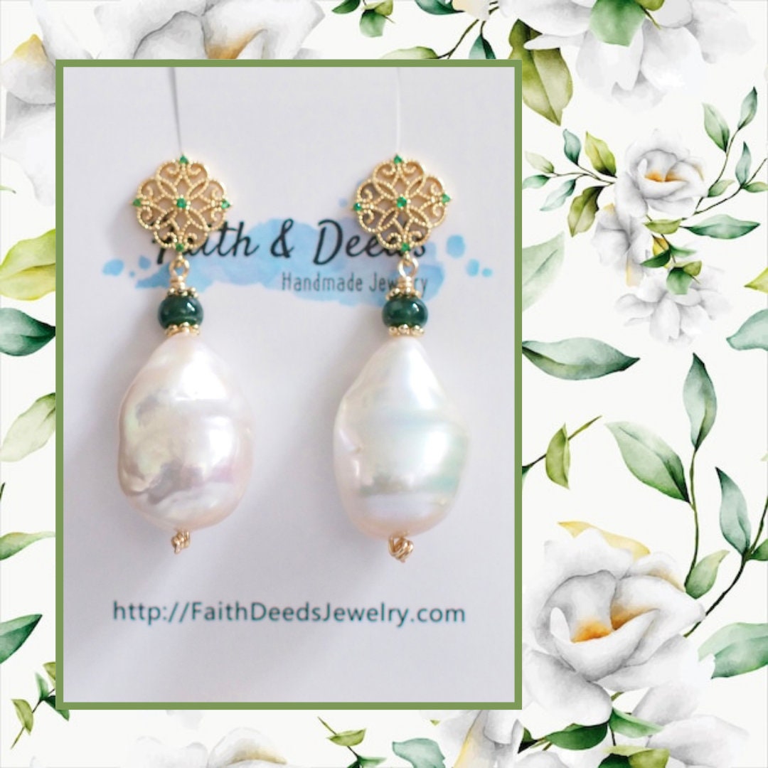 White Baroque Pearl x Jade Rondelle Earrings // Flameball Pearls // Classic & Feminine