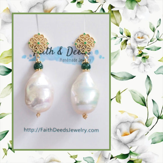 White Baroque Pearl x Jade Rondelle Earrings // Flameball Pearls // Classic & Feminine
