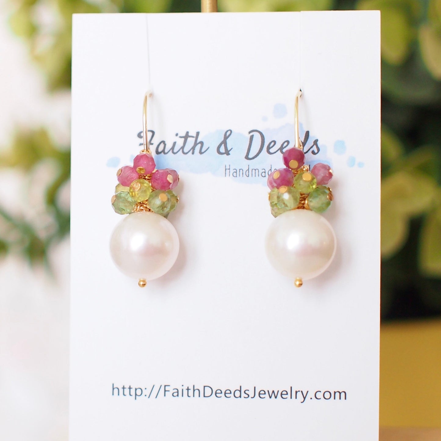 Fresh Water Pearl Earrings // Gem Cluster // Apatite x Peridot x Pink Tourmaline // 14K Gold-filled // Floral Theme