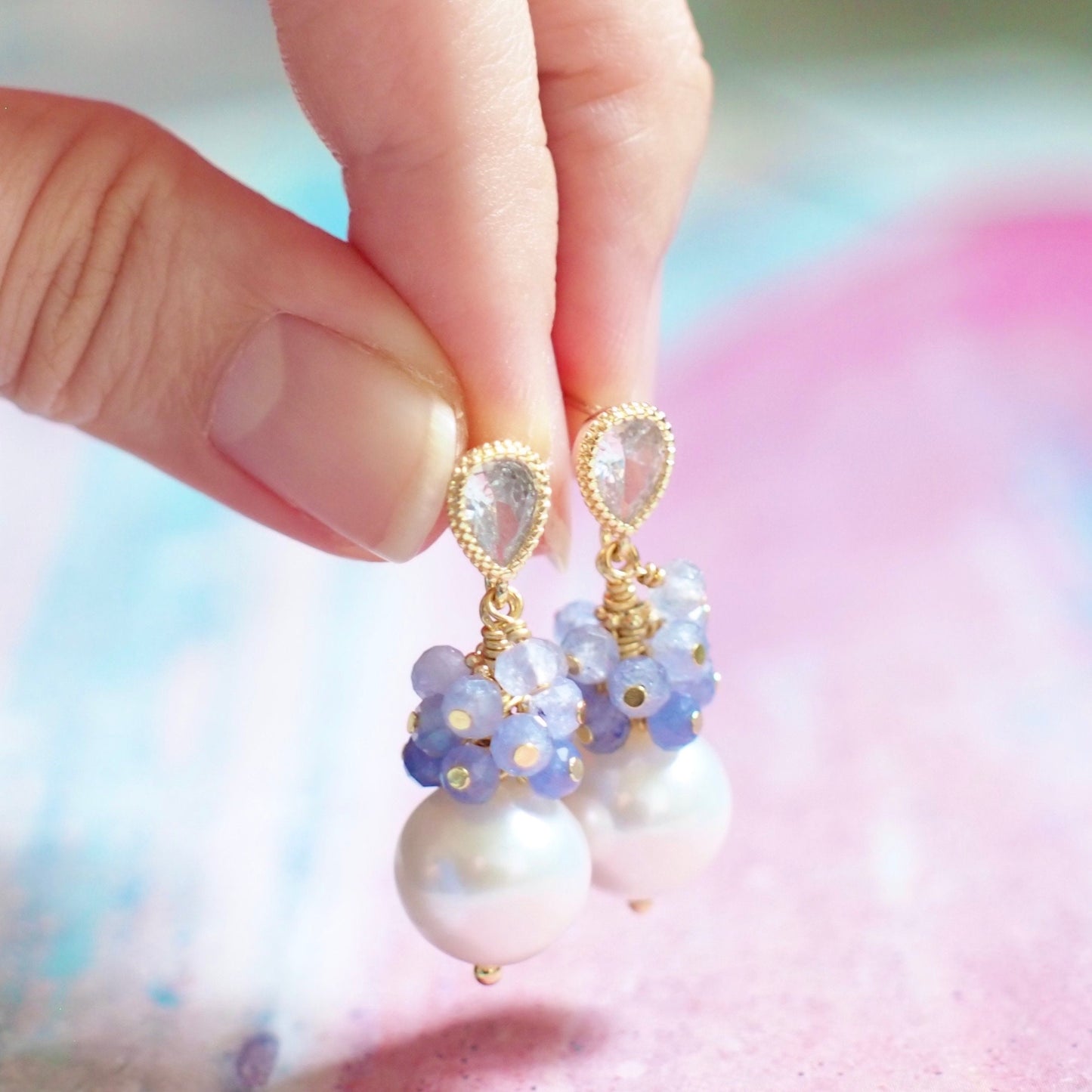Fresh Water Pearl Earrings // Gem Cluster // Tanzanite // 14K Gold-filled