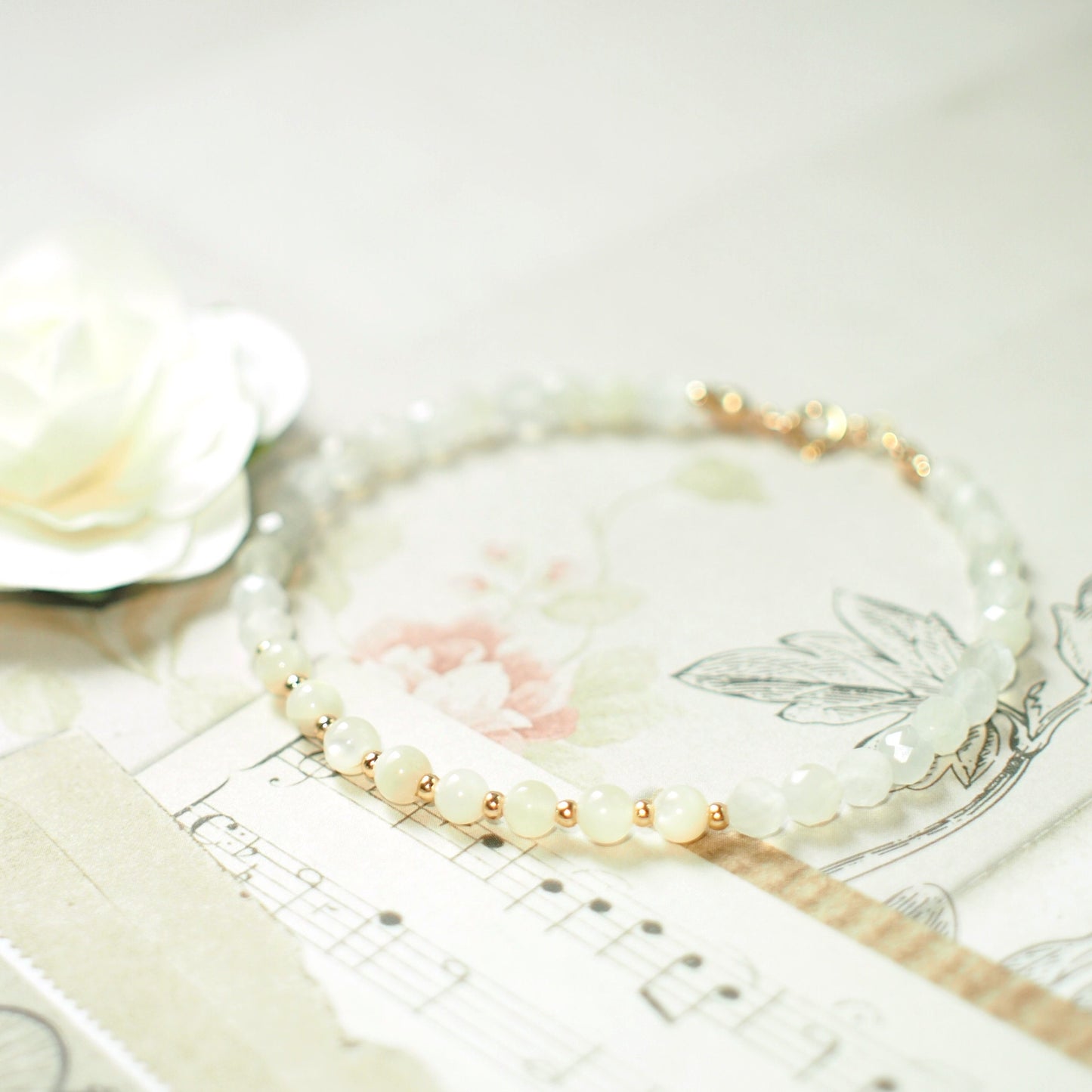 Moonstones x Mother of Pearl Bracelet // Sophisticated & Sleek // Dainty // Stackable // 14K Gold-filled