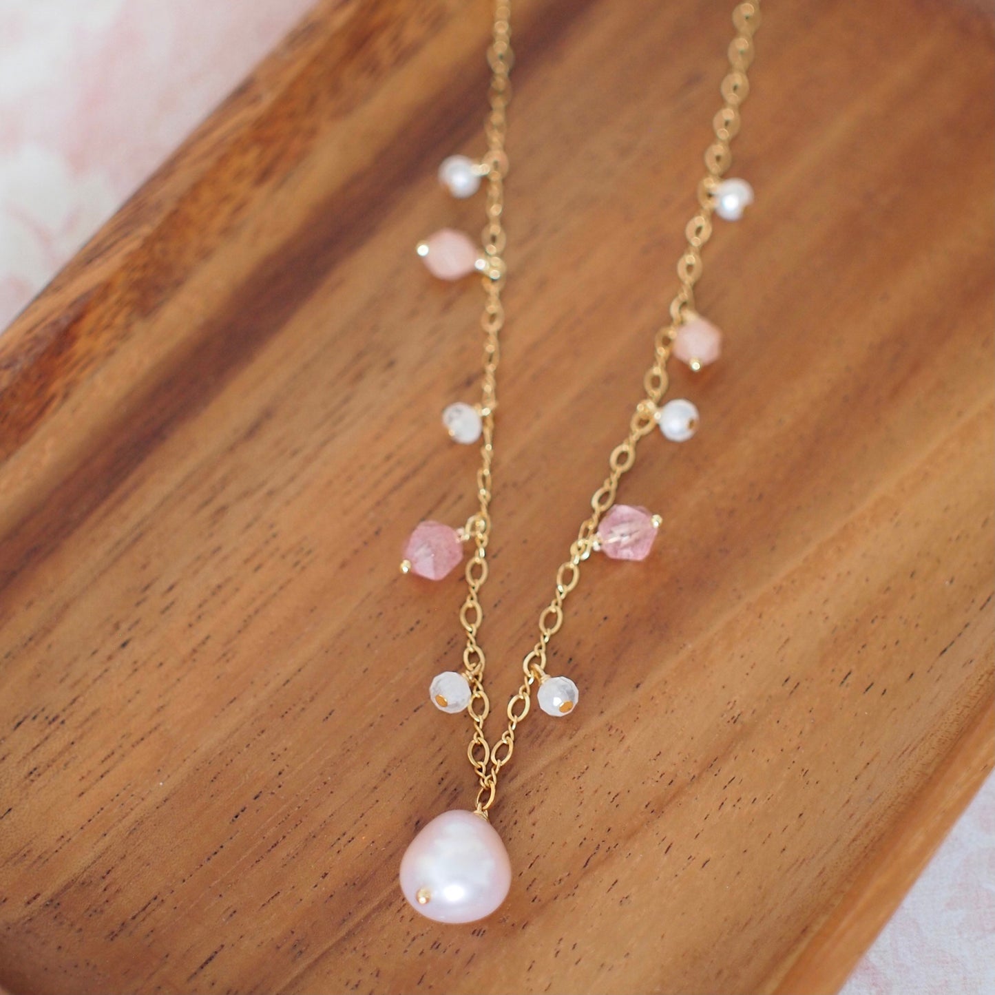 Pink Baroque Pearl Necklace // Gem Charms // Strawberry Quartz x Sunstones x Moonstones // 14K Gold-filled
