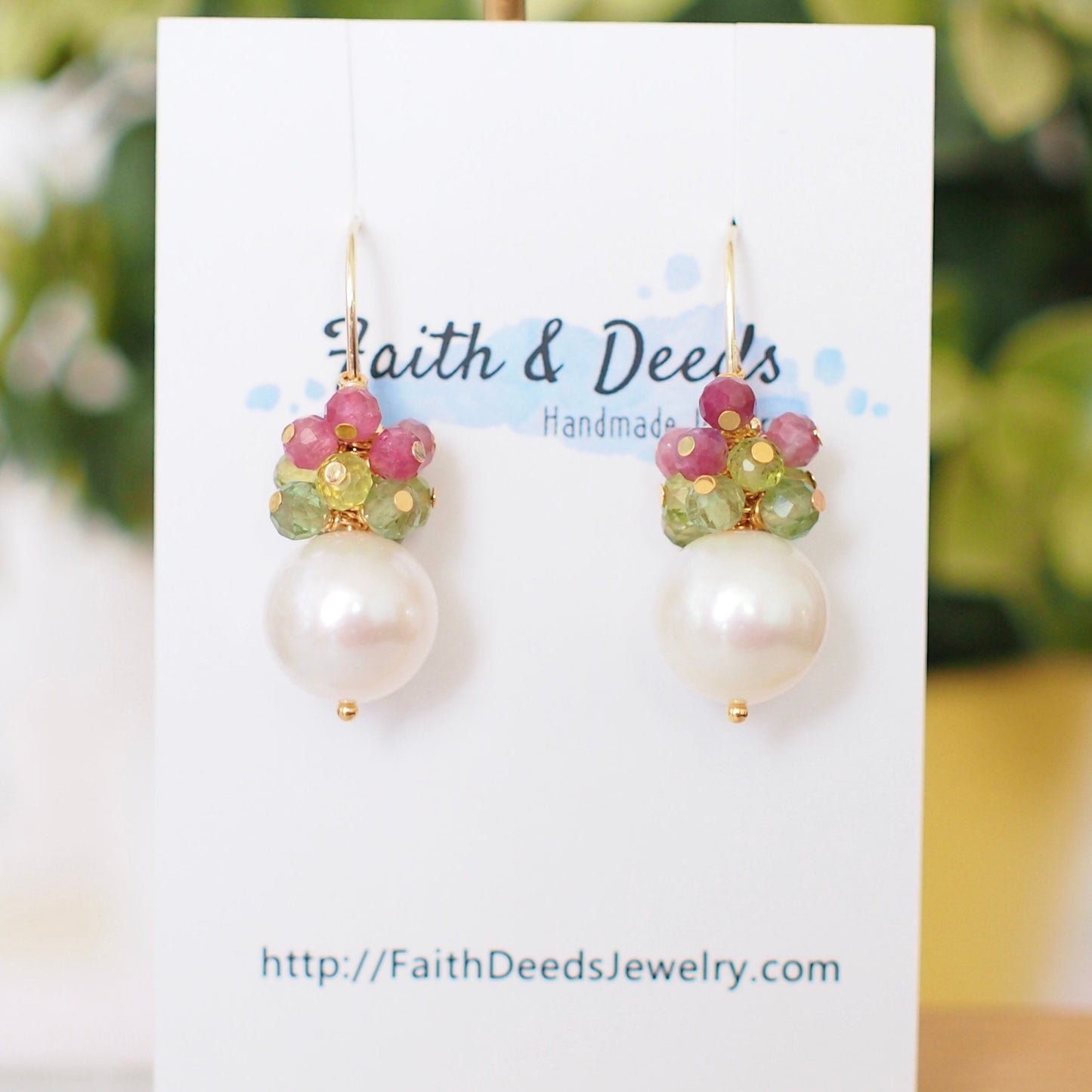 Fresh Water Pearl Earrings // Gem Cluster // Apatite x Peridot x Pink Tourmaline // 14K Gold-filled // Floral Theme