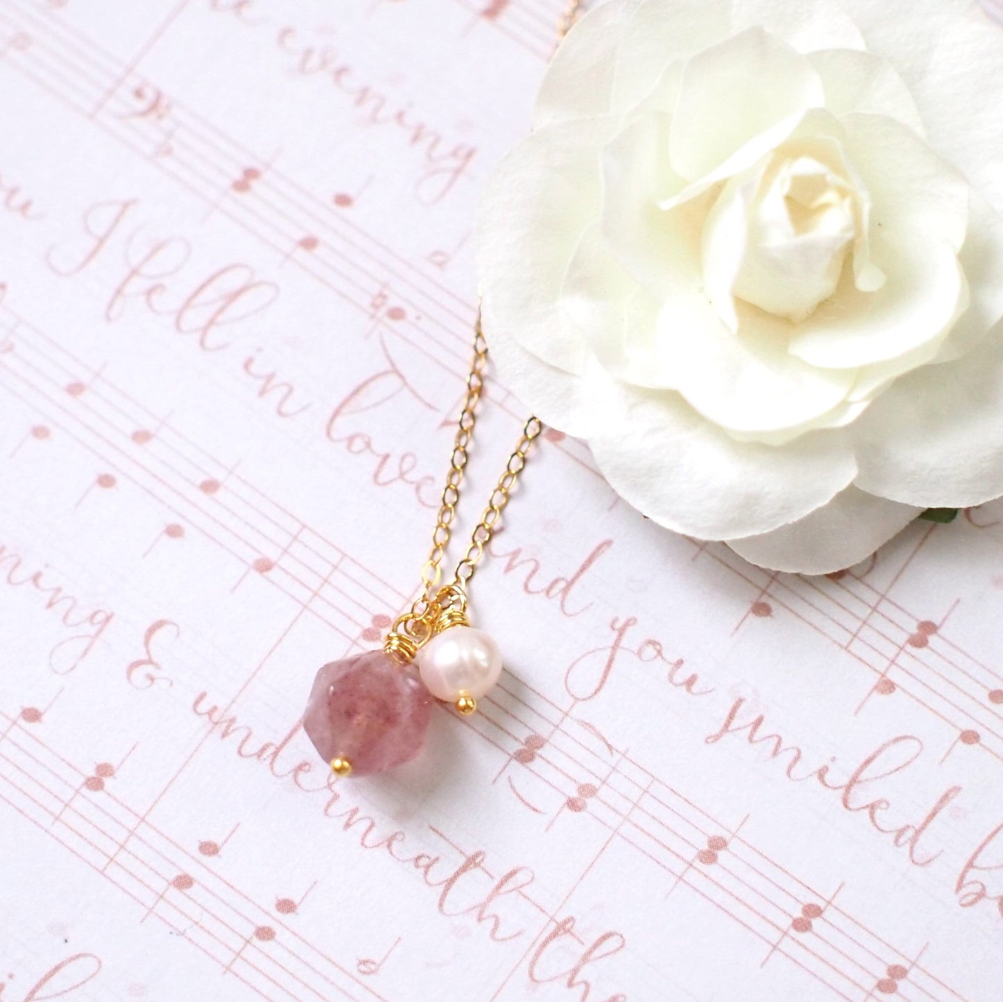 Strawberry Quartz x Pearl Necklace // Gem Stone Pendant // 14K Gold-filled // Romantic & Sweet