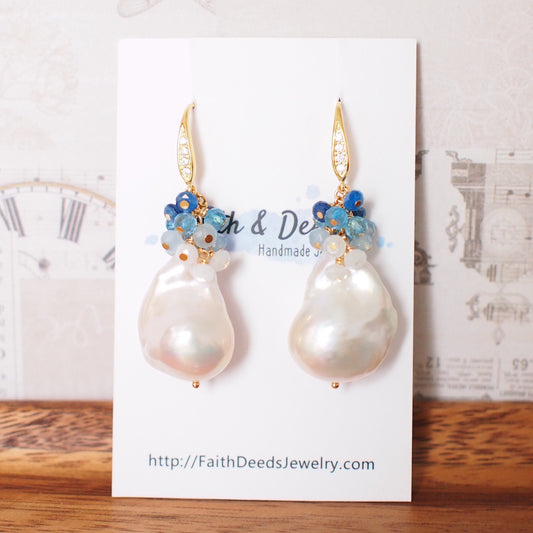 Baroque Pearl Earrings // Flameball Pearls // Aquamarine x Topaz x Chalcedony x Kyanite // 14K Gold-filled // Elegant & Timeless
