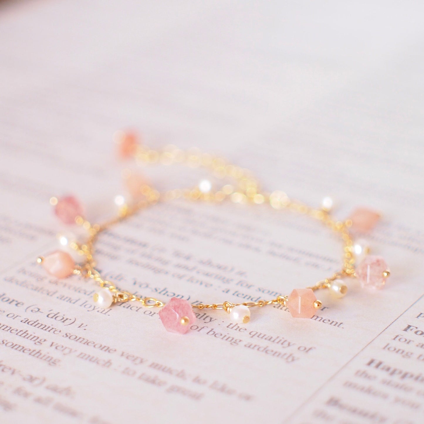 Sunstones x Strawberry Quartz x Pearls Charm Bracelet // Sparkly & Sweet // 14K Gold-filled // Dainty