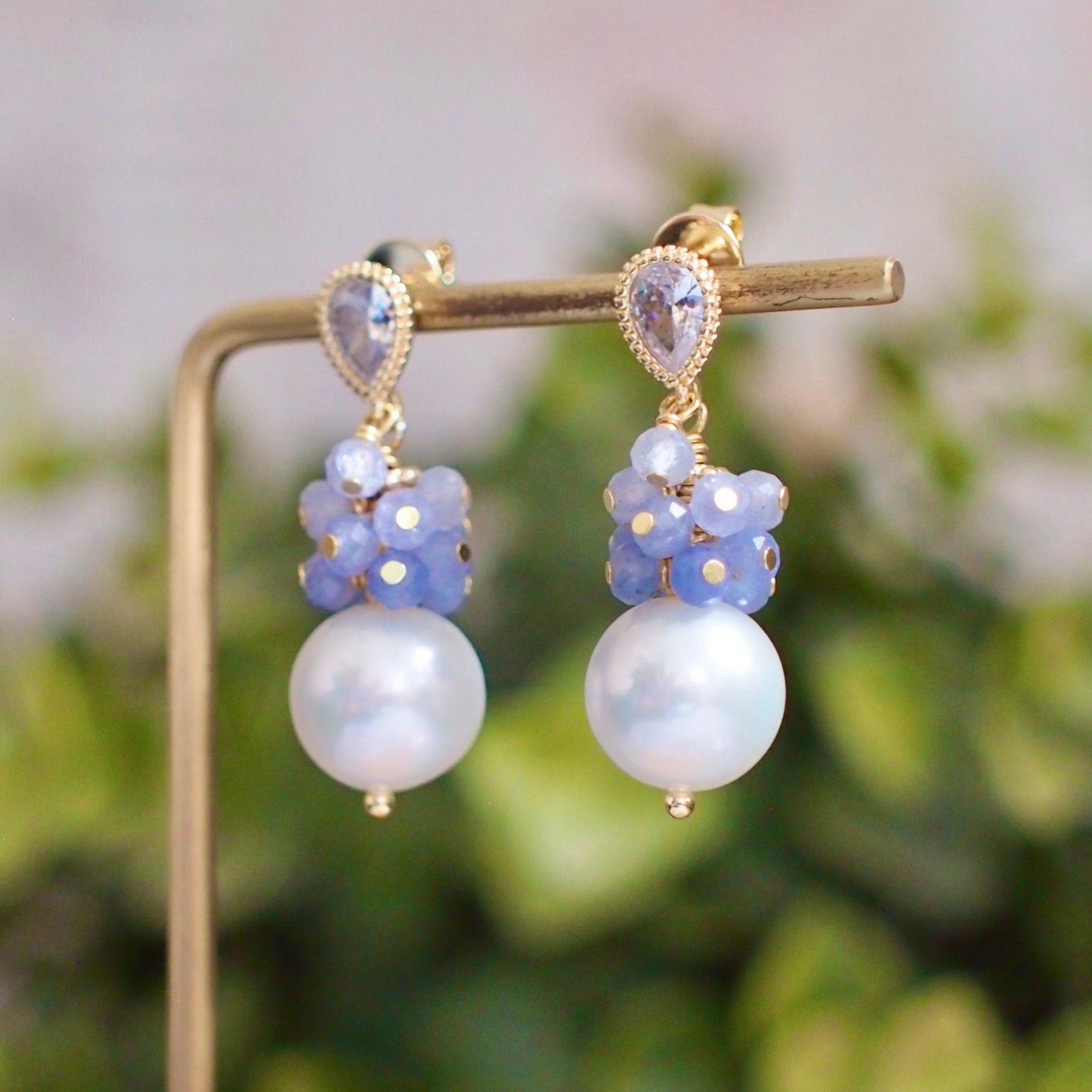 Fresh Water Pearl Earrings // Gem Cluster // Tanzanite // 14K Gold-filled