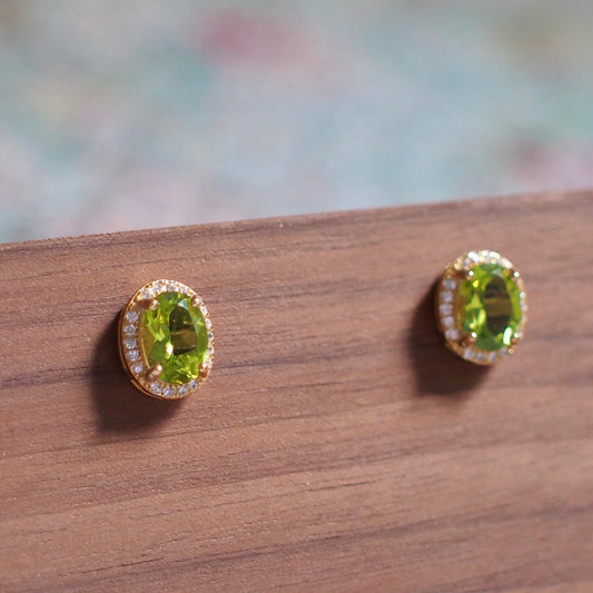 Peridot Earrings // Halo Setting // Cubic Zirconia // 18K Yellow Gold Plated Over Silver