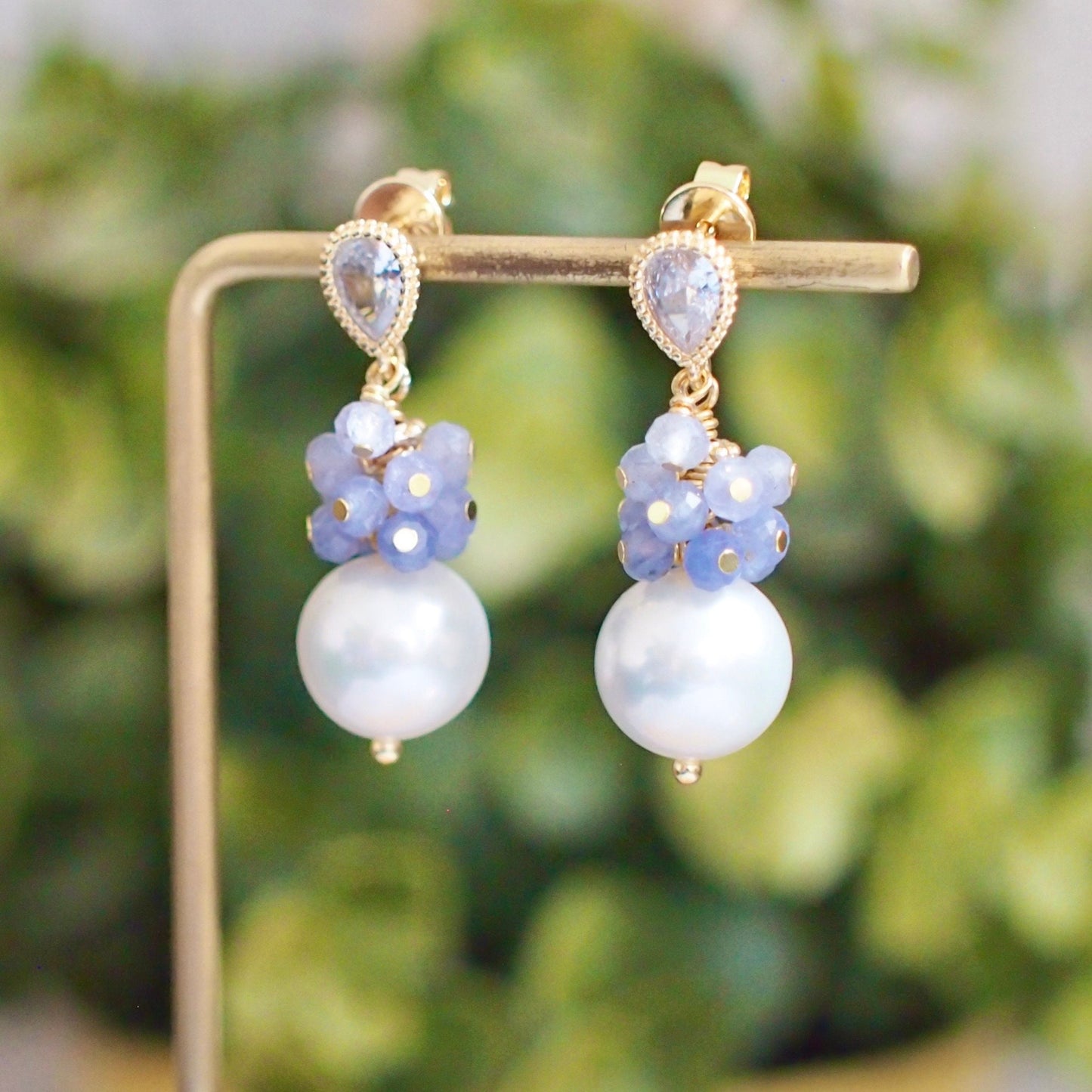 Fresh Water Pearl Earrings // Gem Cluster // Tanzanite // 14K Gold-filled