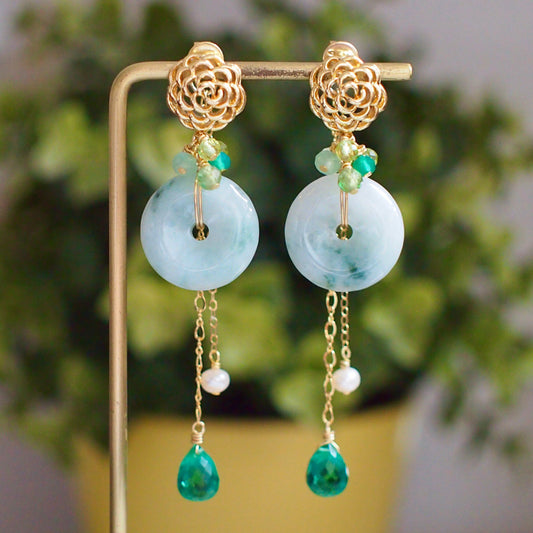 Type A Burmese Jade Donut Earrings // Gem Cluster // 14K Gold-filled // Detachable Dangles