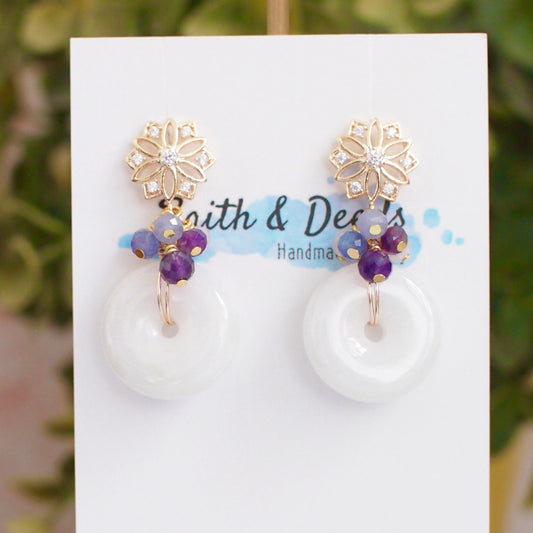 Type A Burmese White Jade Donut Earrings // Purple Gem Cluster // 14K Gold-filled // Modern & Classy
