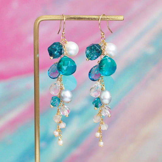 Multi Stones Dangle Earrings // Blue Theme // Dangling Style // Gems Cluster // Sparkly & Precious // 14K Gold-filled