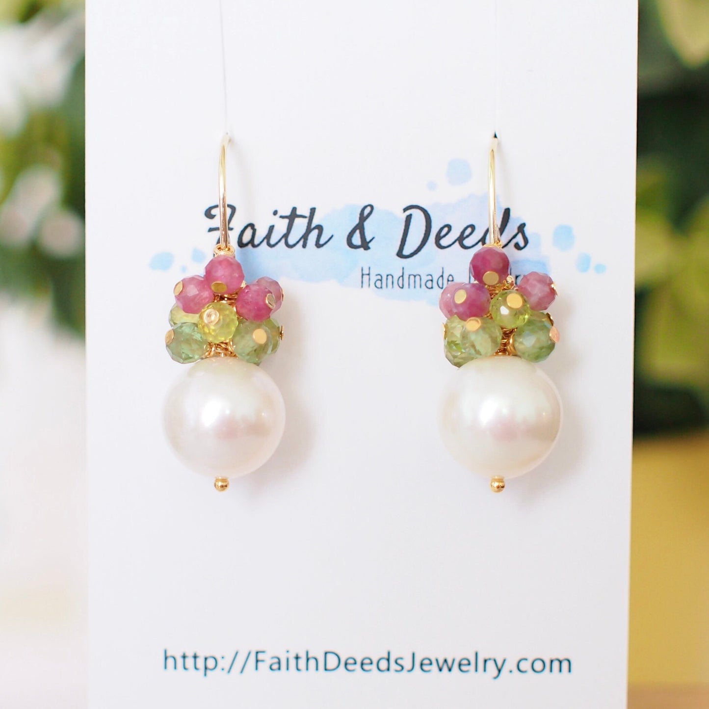 Fresh Water Pearl Earrings // Gem Cluster // Apatite x Peridot x Pink Tourmaline // 14K Gold-filled // Floral Theme