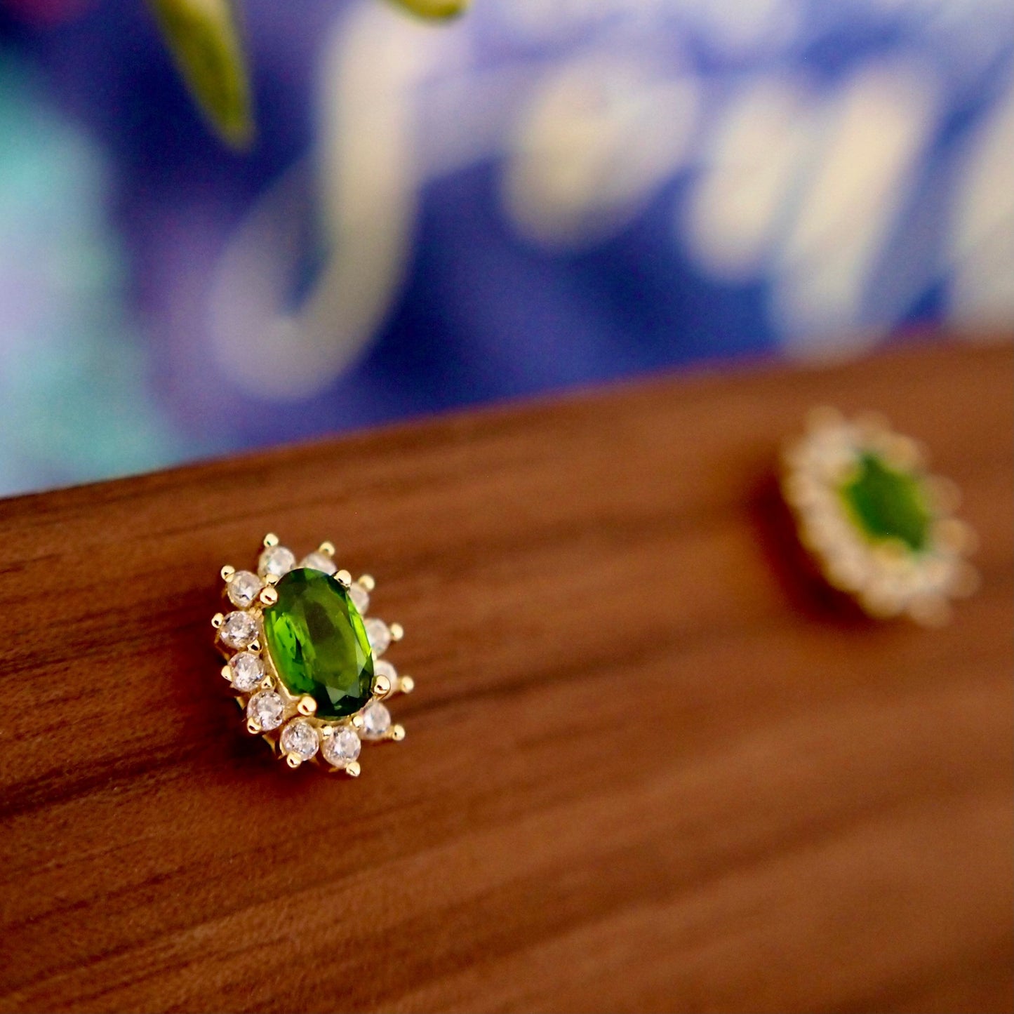 Diopside Earrings // Halo Setting // Cubic Zirconia // 14K Yellow Gold Plated Over Silver