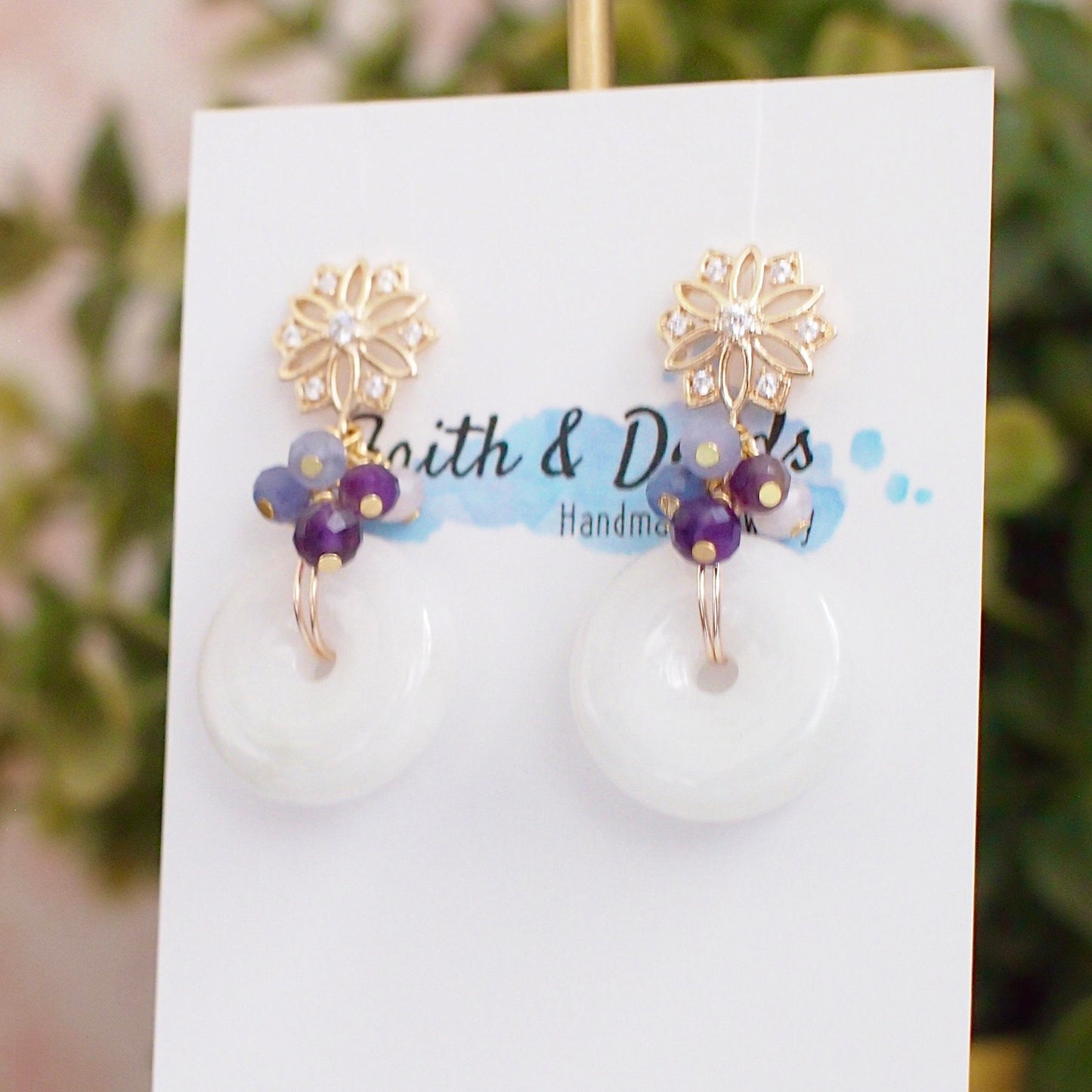 Type A Burmese White Jade Donut Earrings // Purple Gem Cluster // 14K Gold-filled // Modern & Classy