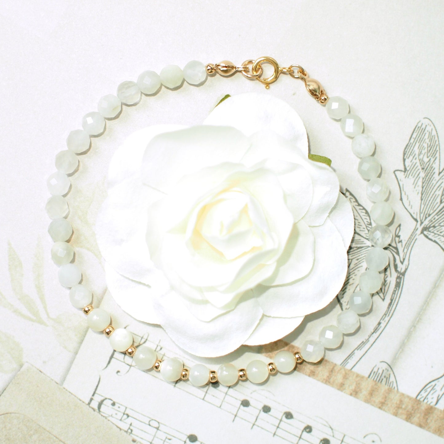 Moonstones x Mother of Pearl Bracelet // Sophisticated & Sleek // Dainty // Stackable // 14K Gold-filled