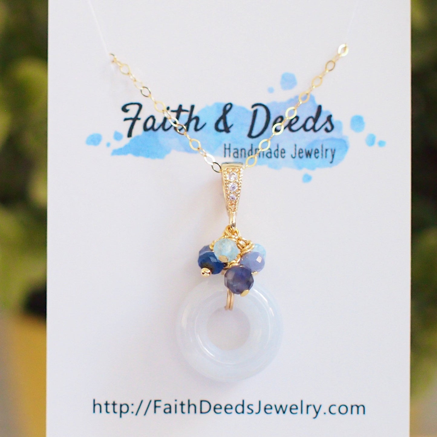 Type A Burmese White Jade Ring Pendant // Blue Gem Cluster // 14K Gold-filled // Dainty & Chic