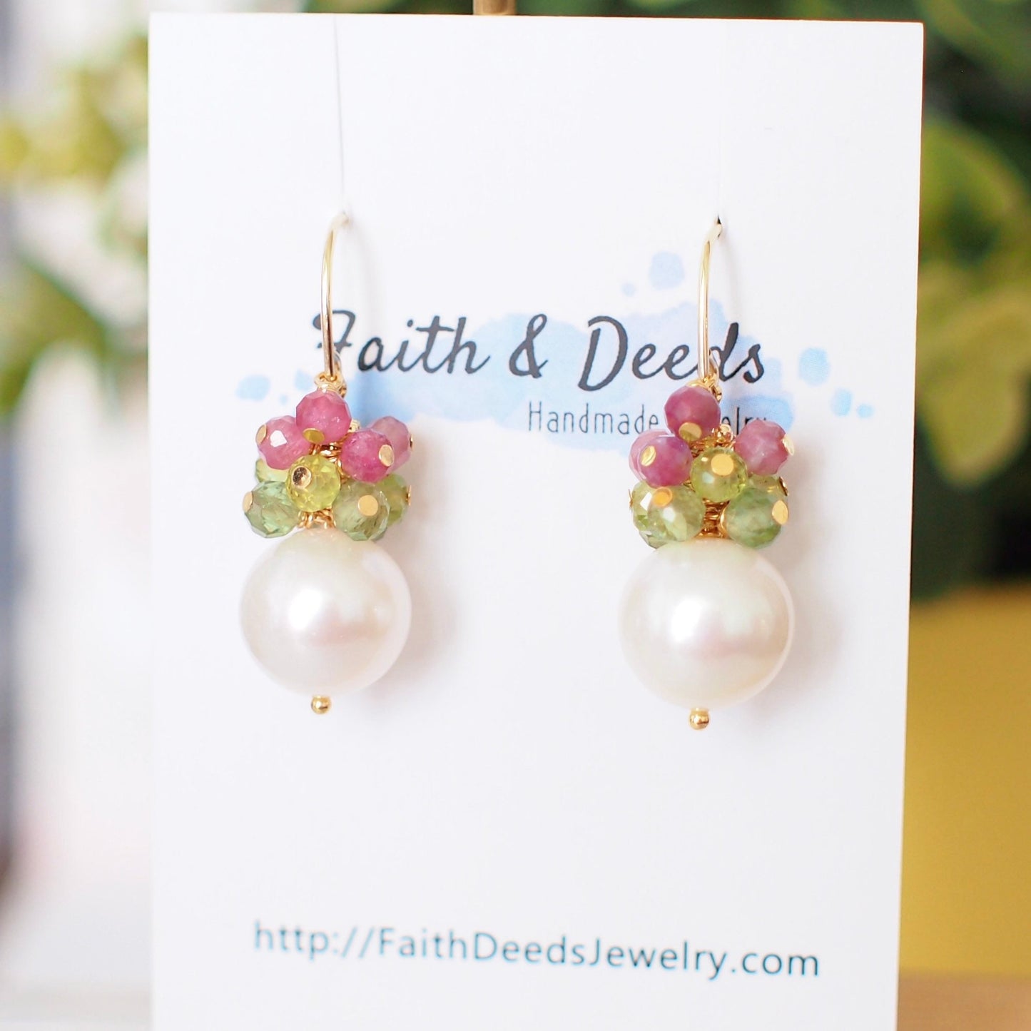 Fresh Water Pearl Earrings // Gem Cluster // Apatite x Peridot x Pink Tourmaline // 14K Gold-filled // Floral Theme