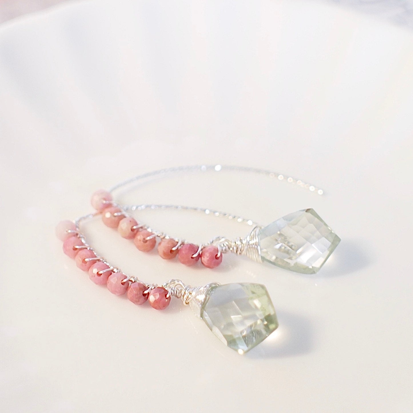 Green Amethyst x Rhodochrosite Earrings // Sparkly & Sweet // 925 Sterling Silver // Wirewrapped