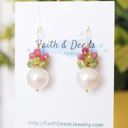 Fresh Water Pearl Earrings // Gem Cluster // Apatite x Peridot x Pink Tourmaline // 14K Gold-filled // Floral Theme