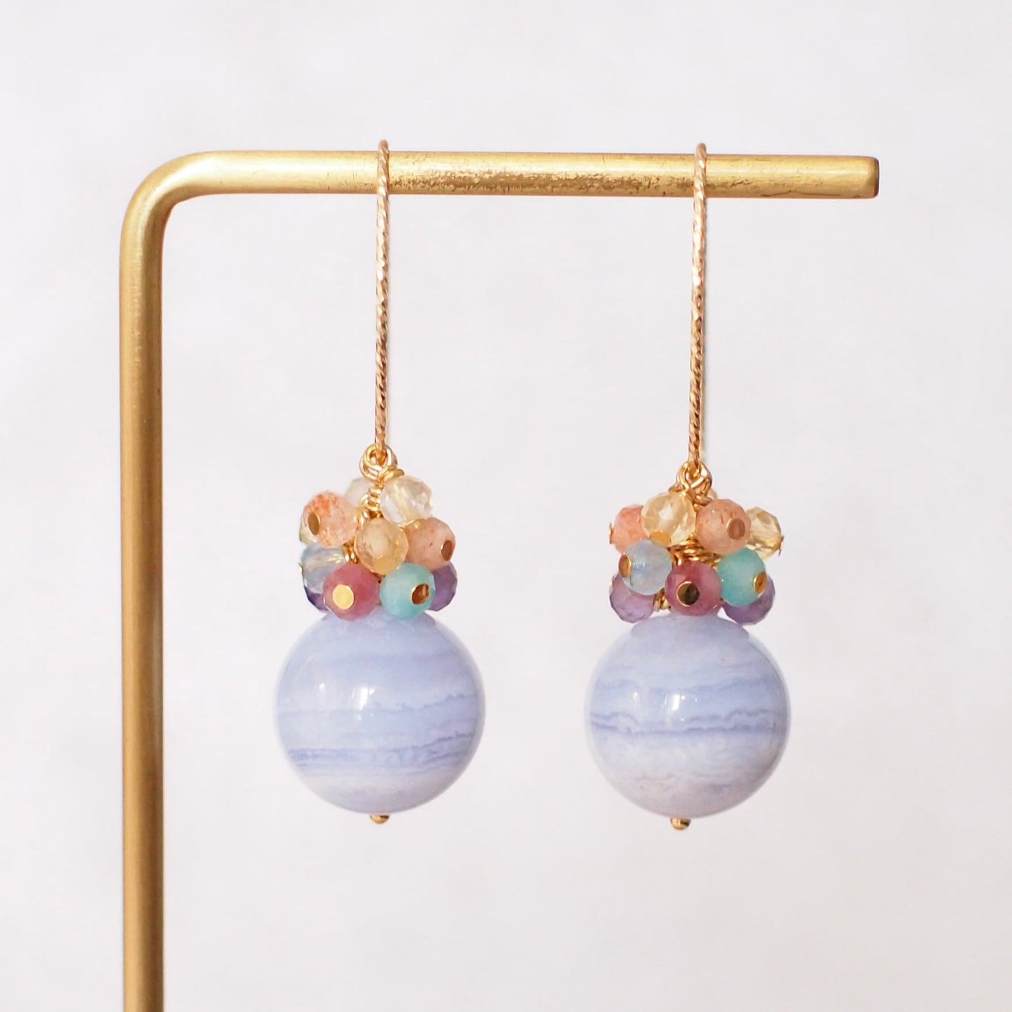 Blue Lace Agate Earrings // Rainbow Gems Cluster// Statement Earrings // 14K Gold-filled // One of kind