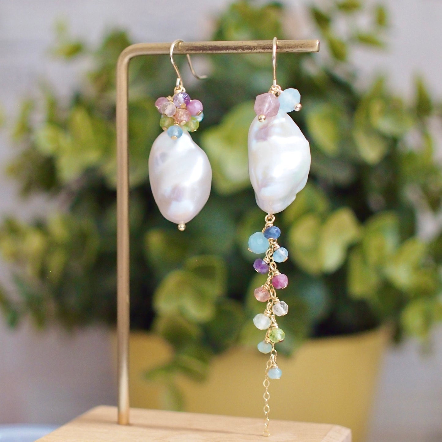 Baroque Pearl x Rainbow Gems Earrings // Asymmetrical Statement Earrings // Gems Cluster // 14K Gold-filled// One of a kind