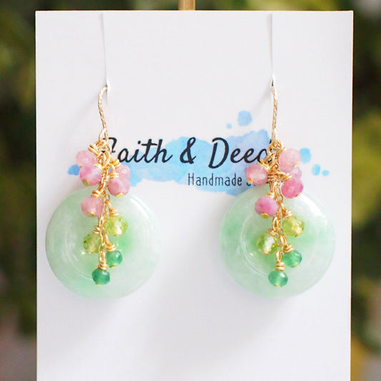Type A Burmese Jade Donut Earrings // Gem Cluster // Pink Tourmaline x Peridot x Chalcedony // 14K Gold-filled // Feminine & Pretty