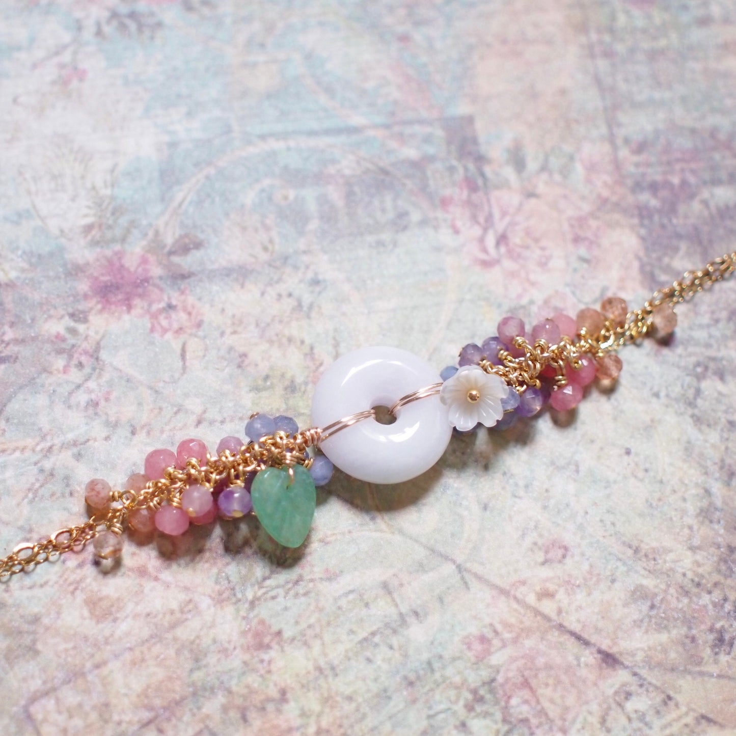 Type A Burmese Jade Donut Bracelet // Floral Design // 14K Gold-filled // Lovely & Whimsical