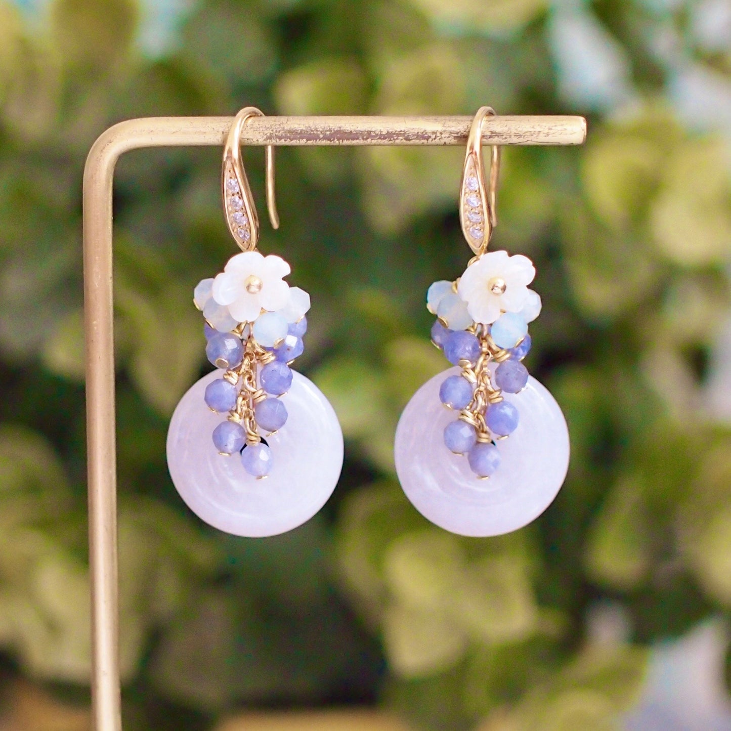 Type A Burmese Jade Donut Earrings // Gem Cluster // Mother of Pearl Flower // 14K Gold-filled // Dreamy & Romantic