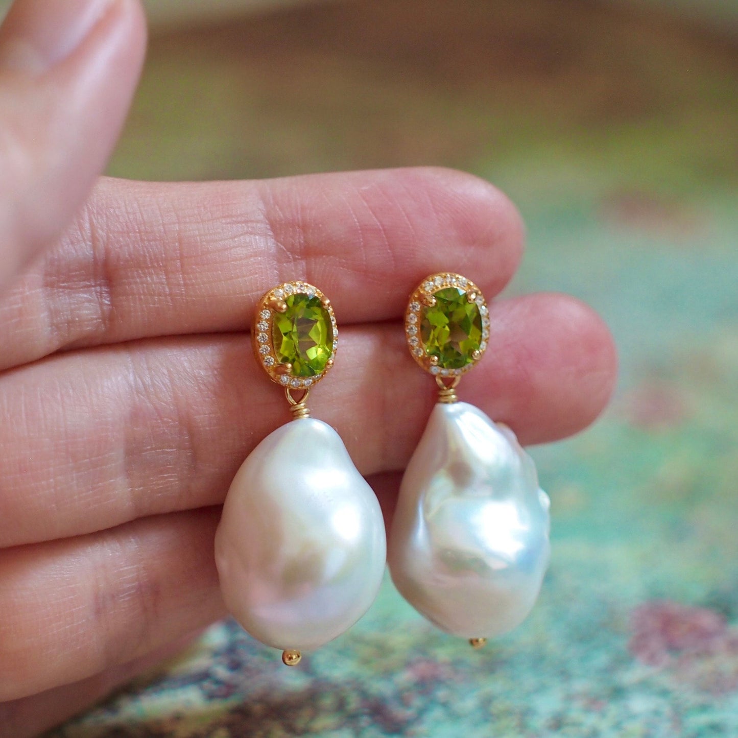 Peridot x White Baroque Pearl Earrings // Halo Setting // Cubic Zirconia // 18K Yellow Gold Plated Over Silver