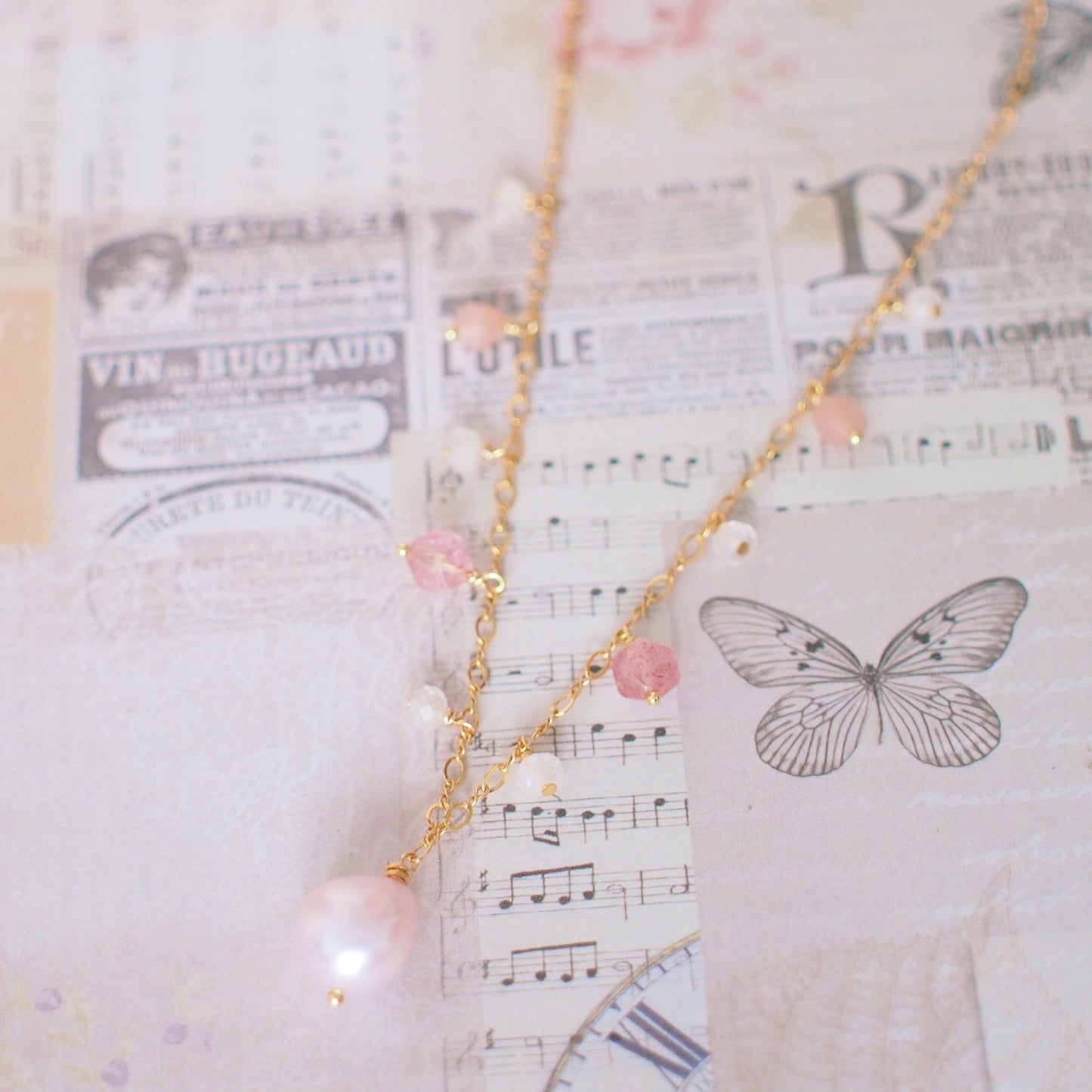 Pink Baroque Pearl Necklace // Gem Charms // Strawberry Quartz x Sunstones x Moonstones // 14K Gold-filled