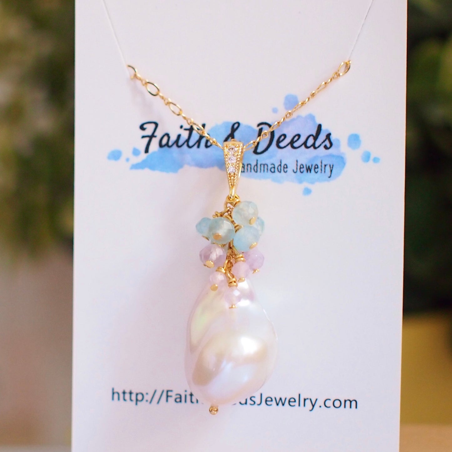 Baroque Pearl Pendant // Flameball Pearl // Long Statement Necklace // Amethyst x Chalcedony // 14K Gold-filled