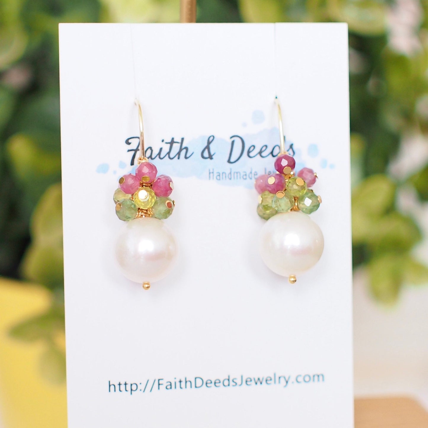 Fresh Water Pearl Earrings // Gem Cluster // Apatite x Peridot x Pink Tourmaline // 14K Gold-filled // Floral Theme