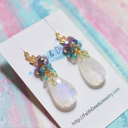 Rainbow Moonstone Earrings // Statement Earrings // Gems Cluster // Whimsical Colour // One of a Kind