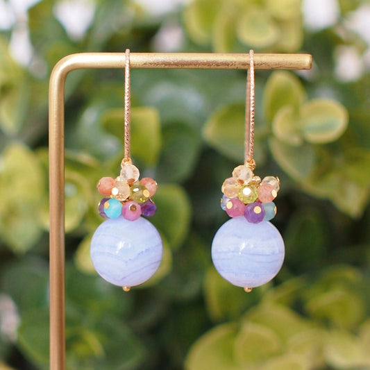 Blue Lace Agate Earrings // Rainbow Gems Cluster// Statement Earrings // 14K Gold-filled // One of kind