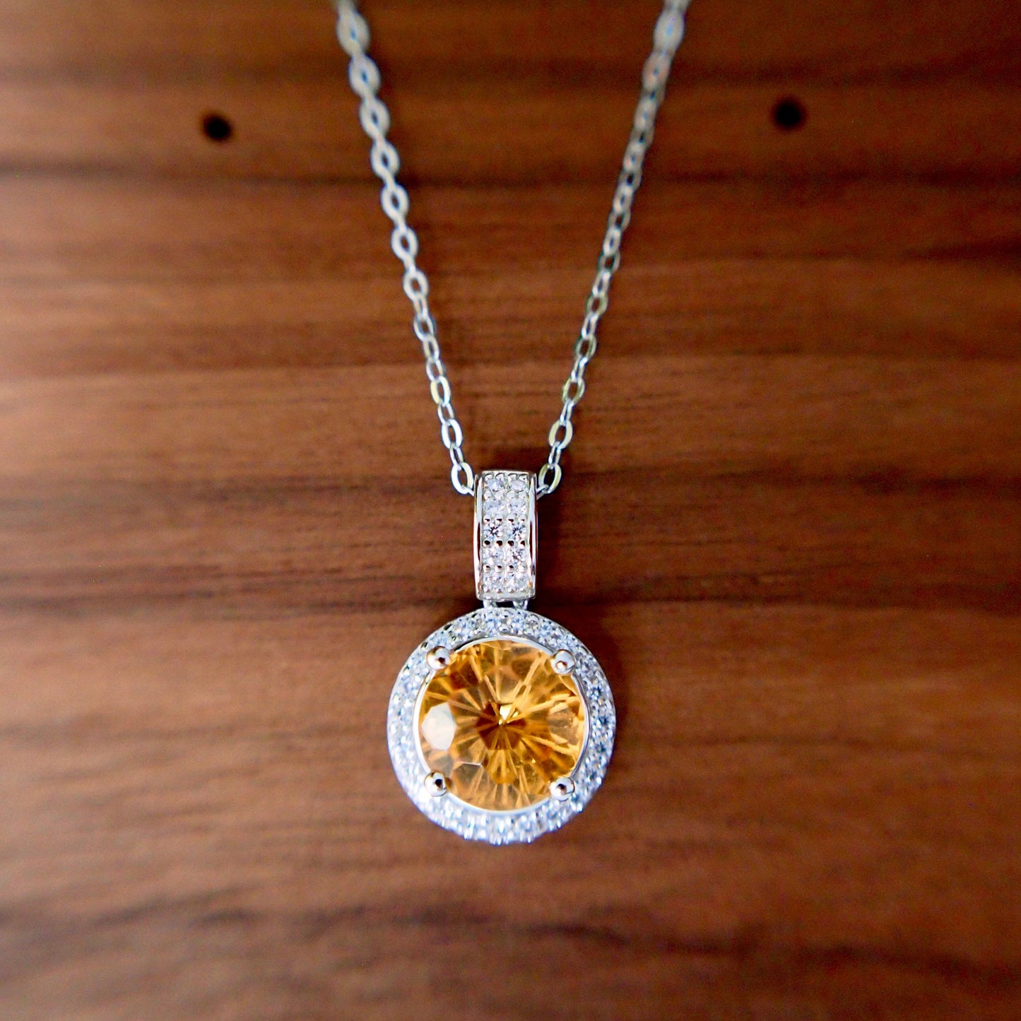 Citrine Quartz Pendant // Halo Setting // Cubic Zirconia // 18K White Gold Plated Over Silver // With Chain