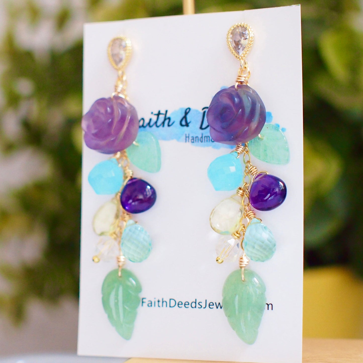 Carved Fluorite Rose x Multi Stones Earrings // Dangling Style // Statement Earrings // 14K Gold-filled