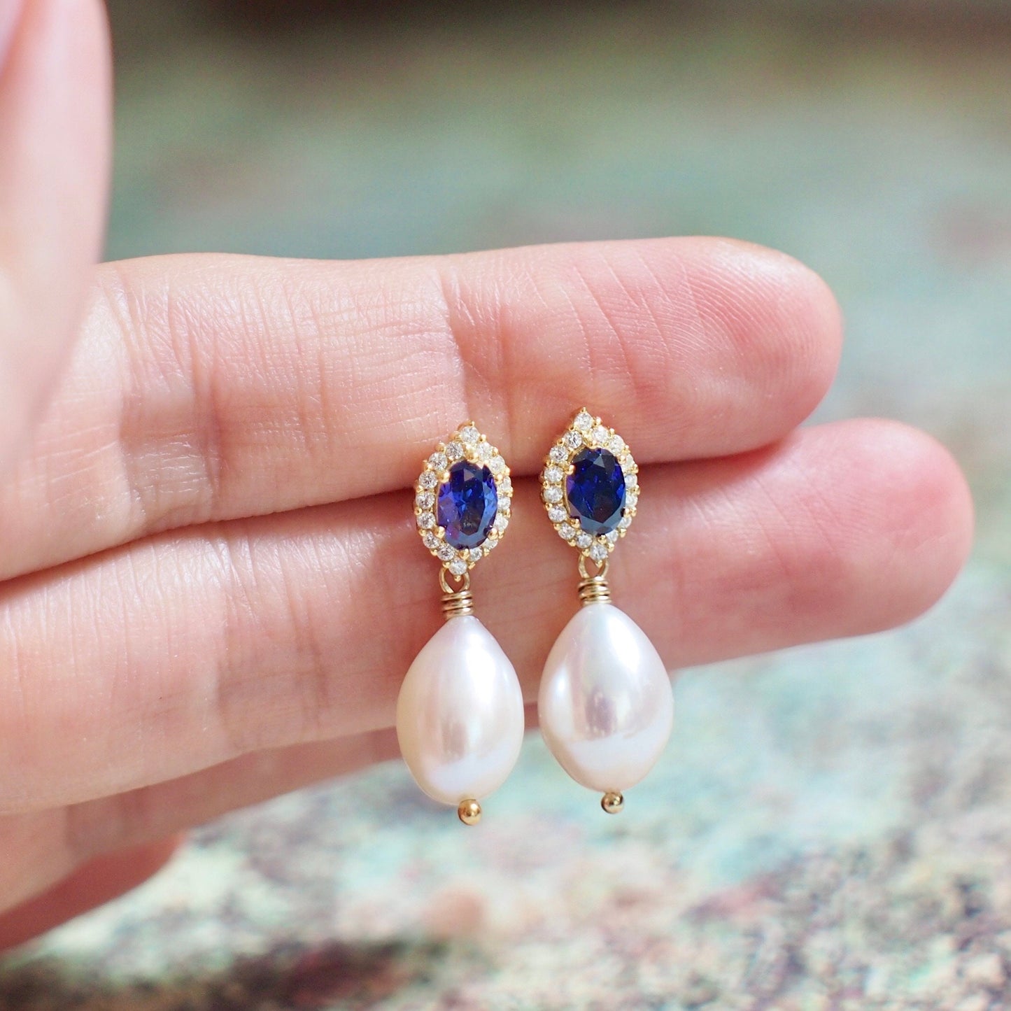 Blue Spinel x Pearl Earrings // Halo Setting // Cubic Zirconia // 14K White Gold Plated Over Silver
