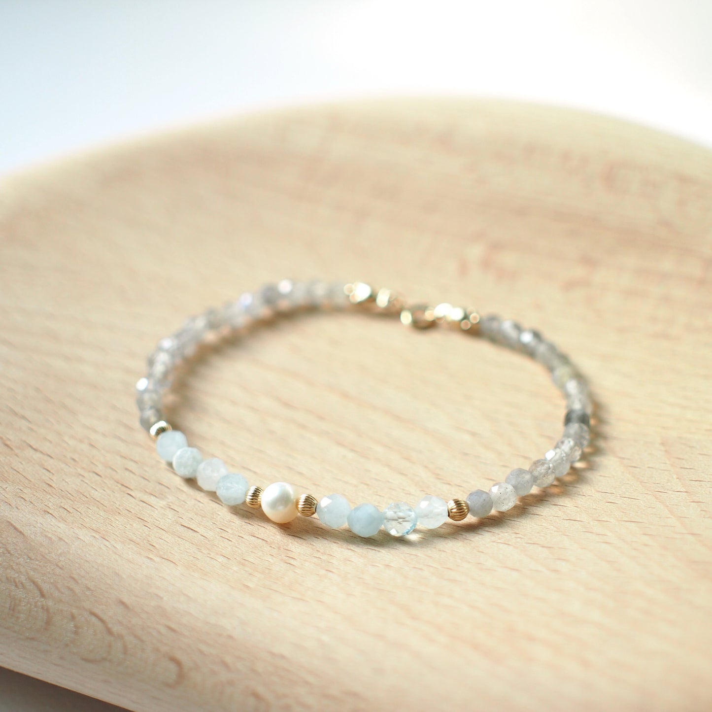 Aquamarine x Labradorite Bracelet // Pearl Charm // Dainty // 14K Gold-filled